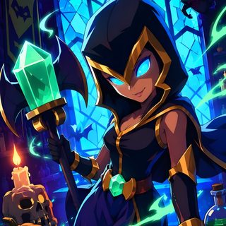 an animated character holding a lantern in front of a stained glass window with pumpkins and candles Clash Royale Halloween midnight blue