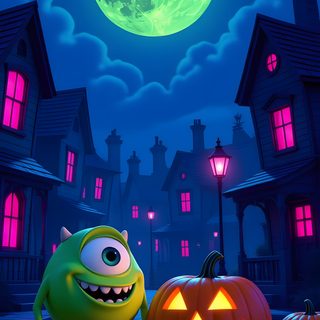 monsters and pumpkins in front of a full moon Monsters Inc Halloween Monsters Inc Halloween, Cute Halloween Pictures, Disney Art Of Animation, midnight blue