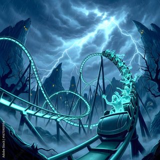 a roller coaster ride in the middle of a storm filled sky with lightning striking overhead Halloween Roller Coaster Halloween Graveyard, Spooky Amusement Park, Im Mad, Horror Movie Posters, teal