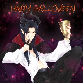 a woman holding a cup in her hand while sitting on a couch with the caption happy halloween Itachi Uchiha Halloween Itachi Uchiha Halloween, Itachi Pumpkin, Itachi Wedding, dark slate gray