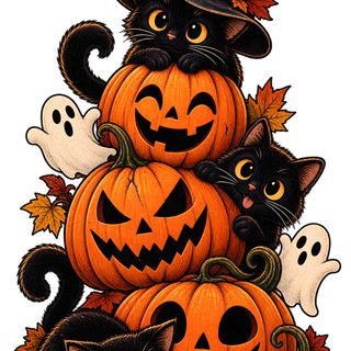 halloween pumpkins with black cats and ghost faces on them, all stacked up in a pyramid Halloween Clipart chocolate