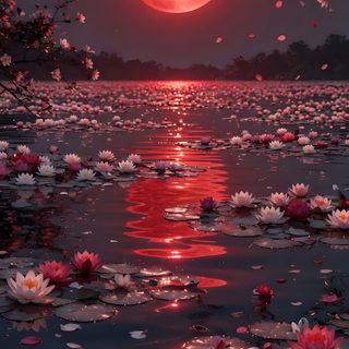 the full moon is reflected in the water with lily pads floating on it's surface Moonlight Flowers Halloween Floral Full Moon Images, Red And Black, Moon Images, Moonlit Sky, dark slate gray