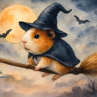 a painting of a hamster dressed as a witch on a broom Halloween Guinea Pig Pig Halloween, Pig Art, Moonlit Sky, Guinea Pigs, Halloween Diy, Halloween Tshirts, gray