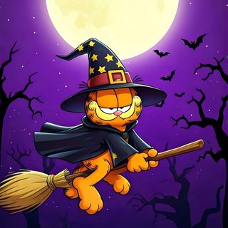 a cartoon cat flying through the air with a broom in front of a full moon Halloween Garfield Garfield Halloween, Dark Disney Art, Dollar Store Halloween Decorations, indigo