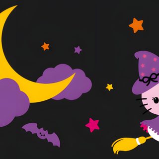 hello kitty is flying over the moon with her cat on it's back, Cute Hello Kitty Halloween Gif Cute Halloween Card Inspiration, Halloween Hello Kitty Design, Halloween Party Decoration Ideas, black