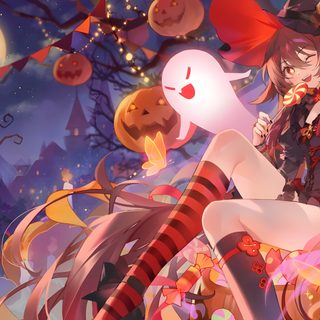 an anime character is sitting on the ground in front of some pumpkins and candles Genshin Impact Halloween Halloween Anime Background, Genshin Impact Halloween, Anime Halloween Backgrounds, sienna