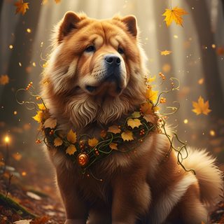 a dog sitting in the middle of a forest with leaves around it's neck Halloween Chow Chow Chow Chow Dogs, Lily Rose, Chow Chow, Lily, Dogs, dark olive green