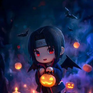 an anime character holding a pumpkin in front of some candles and bats on the ground Itachi Uchiha Halloween Itachi Cute 4k, Itachi 3d, Itachi Uchiha Halloween, Cute Kid Itachi, black