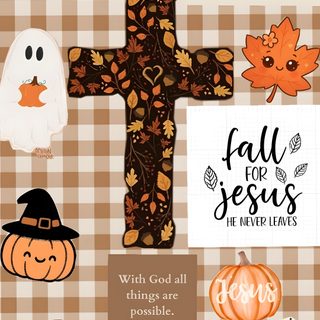 a cross with pumpkins and other decorations on it Cute Christian Halloween tan