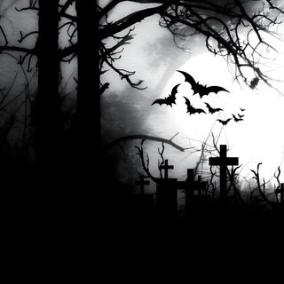 a cemetery with bats flying over it and the moon in the sky behind them is black and white Gothic Halloween Bats Black White Graveyard Iphone, Graveyard, Gothic Crow Gate Background,
