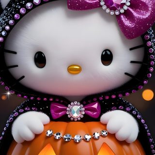 a hello kitty pumpkin with a cat on it's head and a jack - o - lantern Halloween Hello Kitty 3d saddle brown