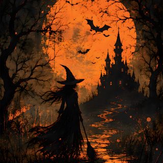 a painting of a witch standing in front of a castle Vintage Halloween Witch black