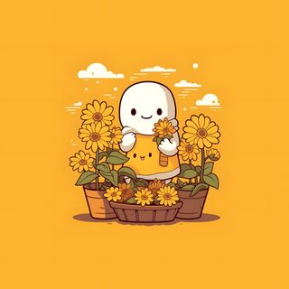 a cartoon character sitting on top of a basket filled with sunflowers and holding a cup Cute Yellow Halloween Cute Yellow Halloween, Yellow Background With Ghost, Cute Ghost, goldenrod