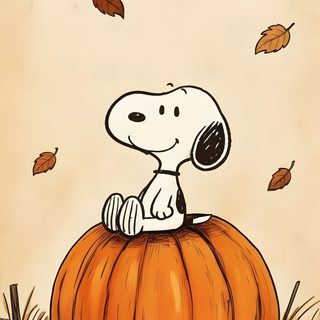 a painting of a snoopy sitting on top of a pumpkin with leaves around it Charlie Brown Halloween Iphone Thanksgiving Snoopy, Peanuts Thanksgiving Iphone, Cute Fall, wheat