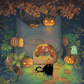 an animal is standing in the middle of a room filled with pumpkins and other decorations 8 Bit Halloween Halloween Lofi, Twitch Background Aesthetic, Autumn Pixel Art, dark olive green