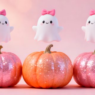 three little pumpkins with ghost faces and bows on them sitting next to each other Girly Halloween Desktop Halloween Artwork, Halloween, Cute Halloween, Soft Colors, Ghost, Color, pink