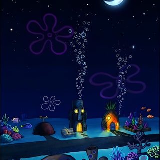 an image of a night scene with flowers and stars in the sky, and a full moon Halloween Spongebob Live Photo 4k, Spongebob Houses, Bi̇ki̇ni̇ Bottom, Spongebob Sky, black