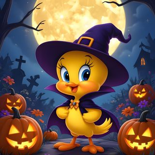a cartoon chicken dressed as a witch in front of a full moon with pumpkins Tweety Bird Halloween Tweety Happy Thanksgiving, Tweety Thanksgiving Images, October Images Cartoon, dark slate gray