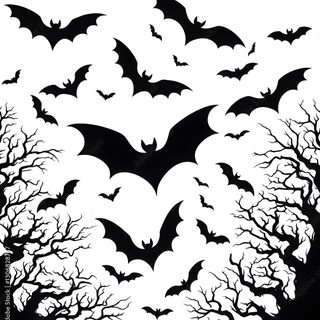 bats flying over trees with no leaves in the night, black and white silhouettes Halloween Cute Bats Silhouette Bats Silhouette, Black And White Bat Silhouette, Spooky Forest Bat Design,