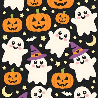 a black background with halloween pumpkins and ghost faces Halloween Pumpkins And Stars Scattered Halloween Backdrop, Halloween Spooktacular, Cute Ghost And Pumpkin Pattern, sienna