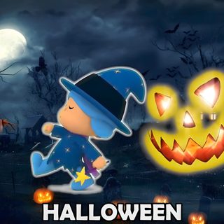 two cartoon characters dressed up in halloween costumes, one with a pumpkin and the other wearing a witch hat Pocoyo Halloween dark slate gray