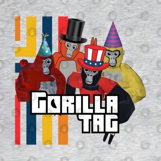 gorillala tag logo on a grey t - shirt with cartoon characters in the background Gorilla Tag Halloween Gorilla Tag Party Decorations, Gorilla Tag Birthday Invite, Gorilla Tag Birthday Party, silver