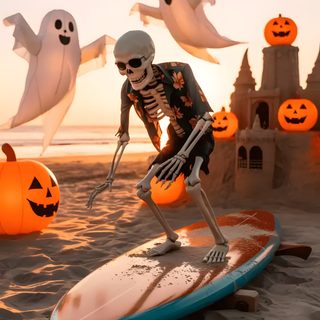 a skeleton on a surfboard in the sand with halloween decorations around him and pumpkins flying above Beach Halloween Elegant Halloween Decor, Halloween Eve, Halloween Trends, Classic Holiday Decor, sienna
