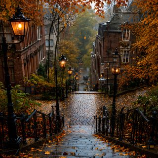 an alleyway in the fall with leaves on the ground and street lamps lit up Halloween Town Background Have Inspiration, Autumn Scenery, Dream City, Autumn Aesthetic, Best Seasons, black