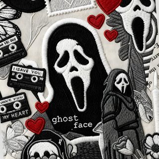 the ghost face patch has been embroidered onto it's back and is surrounded by other patches Cute Scream Halloween dim gray