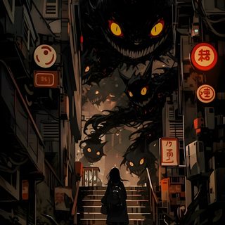 a person walking up some stairs with an evil face on the wall behind them, Dark Halloween Anime Monstro, Creepy Dark Pokemon, Dark Anime Monster, Spooky Anime Background, black