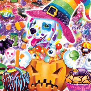 a poster with an image of a dog wearing a witch hat and holding a cupcake Lisa Frank Halloween Lisa Frank Thanksgiving, Lisa Frank Art 90s, Lisa Frank Candy, rosy brown