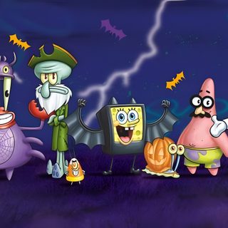 cartoon characters dressed in halloween costumes on a dark background with lightning and thunder behind them Spongebob Squarepants Halloween Cartoon Halloween Desktop, Spongebob Halloween Background, Spongebob Halloween, midnight blue