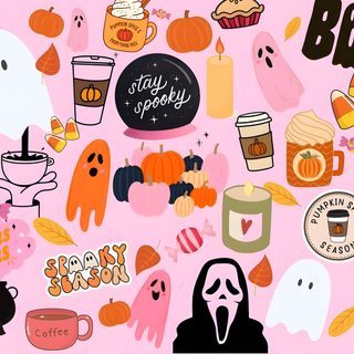 a bunch of stickers that are all over the place on a pink background with words boo Preppy Halloween Desktop Preppy Halloween Desktop, Cute For Your Laptop, Girly Halloween Desktop, misty rose