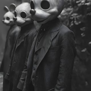 three people wearing mouse masks standing next to each other Halloween Mask Scary Mouse Costume, Mask Creepy, Creepy Halloween Photos, dark slate gray