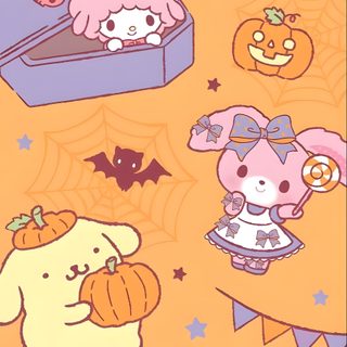 hello kitty halloween wallpaper with pumpkins, bats and cats on it's orange background Cute Halloween Sanrio Kawaii Sanrio Halloween, Sanrio Halloween Pastel, Sanrio October Calendar, sandy brown