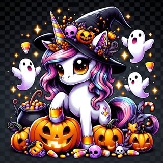 a cartoon unicorn sitting on top of a pile of pumpkins with ghost's around it Halloween Unicorn Sugar Skull Artwork, Cup Decorating, Unicorn Halloween, Halloween Artwork, dark slate gray