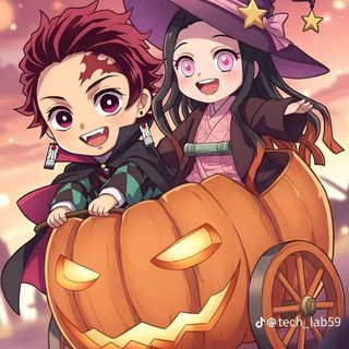 two children are riding in a pumpkin carriage Halloween Demon Slayer Demon Slayer Halloween Art, Anime Halloween, Halloween Icons, Halloween, indian red