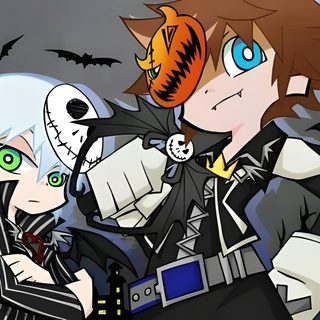 two anime characters standing next to each other in front of bats and pumpkins on the ground Halloween Town Sora Sora Jack Skellington, Sora And Jack Skellington, Sora Nightmare Before Christmas, dark olive green