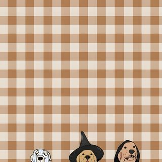 three dogs dressed up as witches and pumpkins on a checkered tablecloth background Halloween Dog Background tan