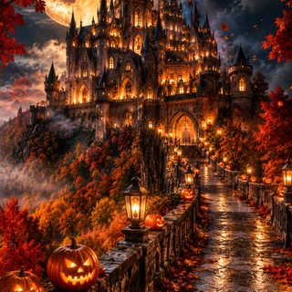 a castle with pumpkins in front of it on a fall night, lit up by lanterns Halloween Castle Background maroon