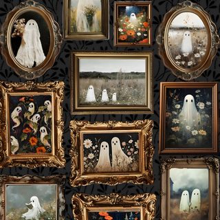a wall covered in lots of framed pictures and ghost paintings on it's side Gothic Halloween Decor Halloween, Halloween Iphone Backgrounds, Halloween Backgrounds, dark olive green