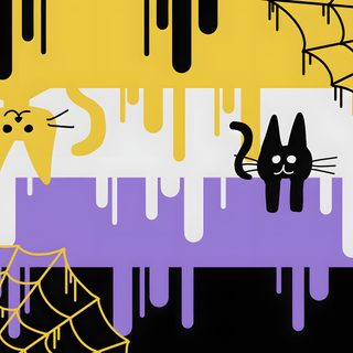 two cats and a spider web on a yellow, purple, and black striped background Nonbinary Halloween Nonbinary Halloween, Nonbinary Flag Aesthetic, Halloween Pride Flag, sienna