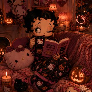 a hello kitty doll sitting on top of a couch next to some pumpkins and books Hello Kitty Y2k Halloween maroon