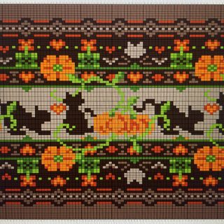 a cross stitch pattern with cats and pumpkins Halloween Fair Isle Crochet Autumn Cat Pattern, Autumn Tapestry Crochet, Halloween Knitting Charts, dark olive green