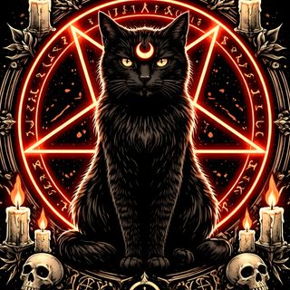 a black cat sitting in front of a pentagramus wheel with candles and skulls Pagan Halloween Goddess Magick, Masonic Symbols, Pagan Art, Magic Spell Book, Skull Drawing, Alien Art, black