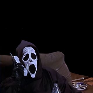 a person in a black mask sitting on a couch with a bottle and some snacks Scream Edgy Aesthetic Halloween Trippy, Halloween Iphone, Edgy, Halloween, Retro, Fall Memes, black