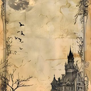 an old paper with a drawing of a house and bats in the sky above it Halloween Scroll Ancient Scroll Paper Background, Writing Paper Vintage, Printable Gothic Background, tan