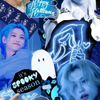 the collage has many different images on it Felix Halloween Felix Halloween, Normal, Kpop Iphone, Anime Lock Screen, Halloween Backgrounds, steel blue