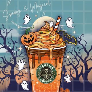 an orange starbucks drink with pumpkins and jack - o'- lanterns on it Halloween Starbucks Kawaii, Pumpkin Carving, Carving, Halloween, slate gray