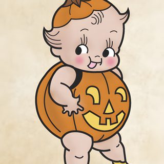 a drawing of a baby holding a pumpkin Kewpie Halloween Kewpie Strawberry, Kewpie Doll Image, Baby Jack O Lantern, Kewpie Cartoon, wheat